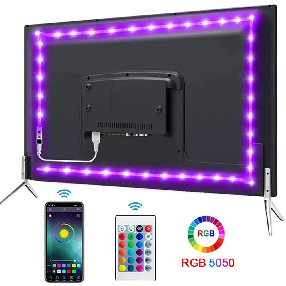 Bluetooth USB RGB LED Tape Light with Timer and App Control, 5V Self-Adhesive Flexible 5050 SMD Strip in 1m, 2m, 3m or 5m for TV and Desktop Accent Decor