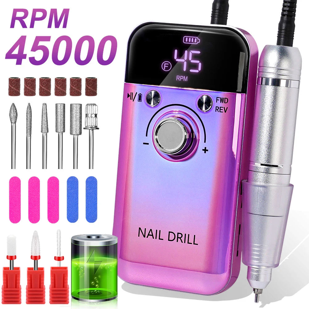 Rechargeable Portable Nail Drill with Listed 45,000 RPM Speed and Type-C Option, White, Pink or Purple Device and Kit Selections for Manicure Work