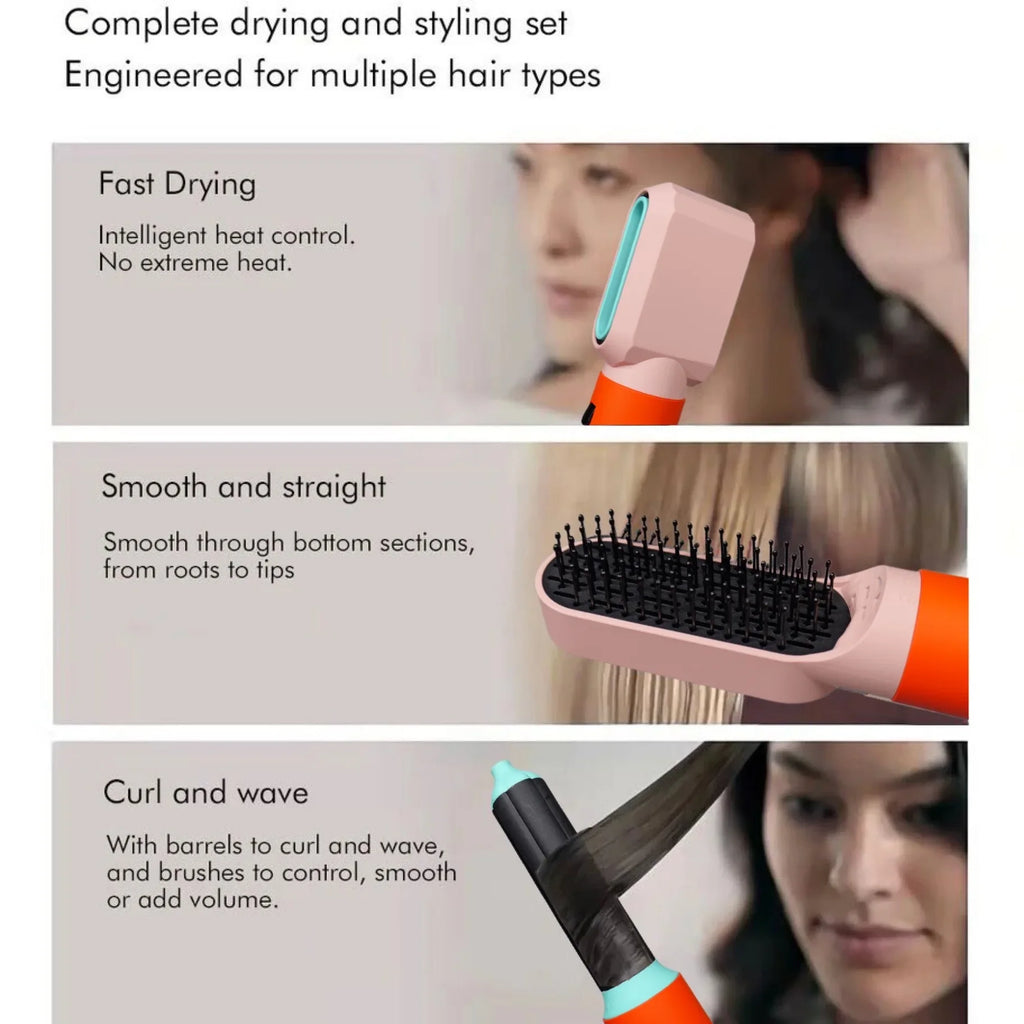 Hot Air Hair Styler, Six-in-One Packages with Curling Barrel and Brush References, US 110-120V or EU 220-240V Versions with Box or Case Options
