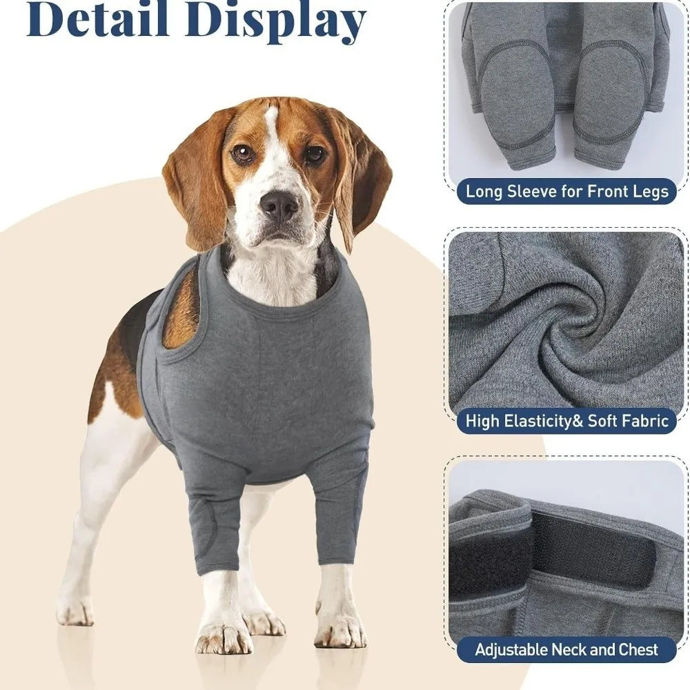 Dog Leg Sleeve in Grey Polyester, Single Stretch Fabric Pet Leg Cover with Six Size Options from S to 3XL and Chest, Neck and Sleeve Measurement Guide