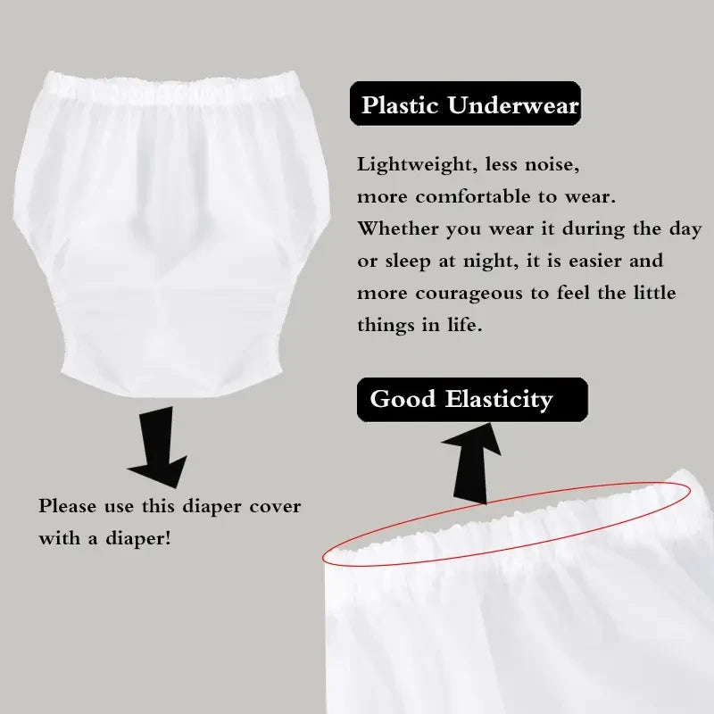 Adult Waterproof Diaper Covers 2-Pack, Reusable Easy-to-Clean TPU Personal Care Overpants in Clear or White with XS to XL Size Options