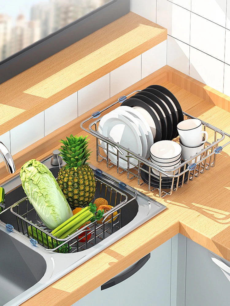 Telescopic Sink Drain Basket, Stainless Steel Expandable Dish Drying Rack with Medium or Large Size Options for Kitchen Cups, Plates and Produce Rinsing