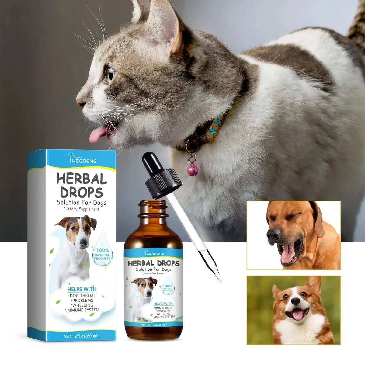 Yegbong Pet Drops, Listed 60ml Boxed Liquid Format with Single-Unit and Multi-Unit Option Labels, Ingredient and Veterinary Suitability Review Required Before Use