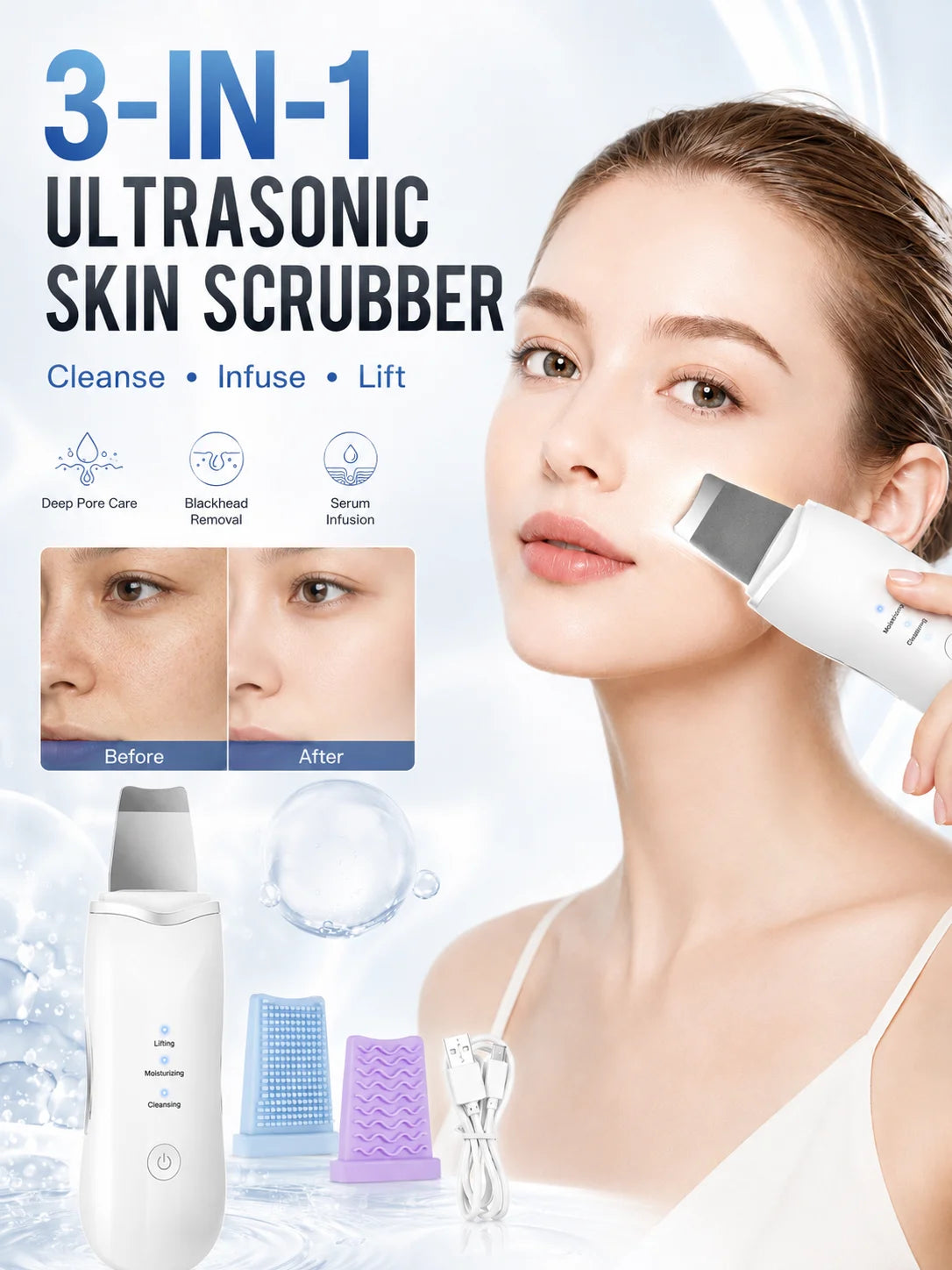 Ultrasonic Skin Scrubber for Facial Cleansing and Cosmetic Exfoliation, Adult Home Skincare Tool in Standard Color Box or Premium Version Options