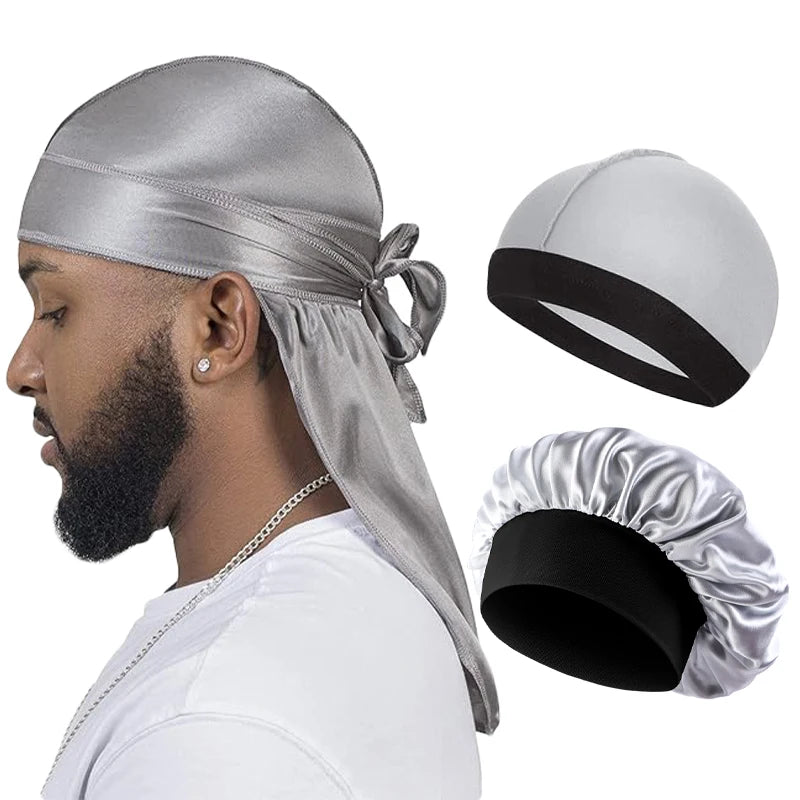 Long Tail Durag with Satin Bonnet and Dome Cap References, Polyester Adult One-Size Headwear in Seven Colors with Three-Piece Lot Wording for Unisex Styling