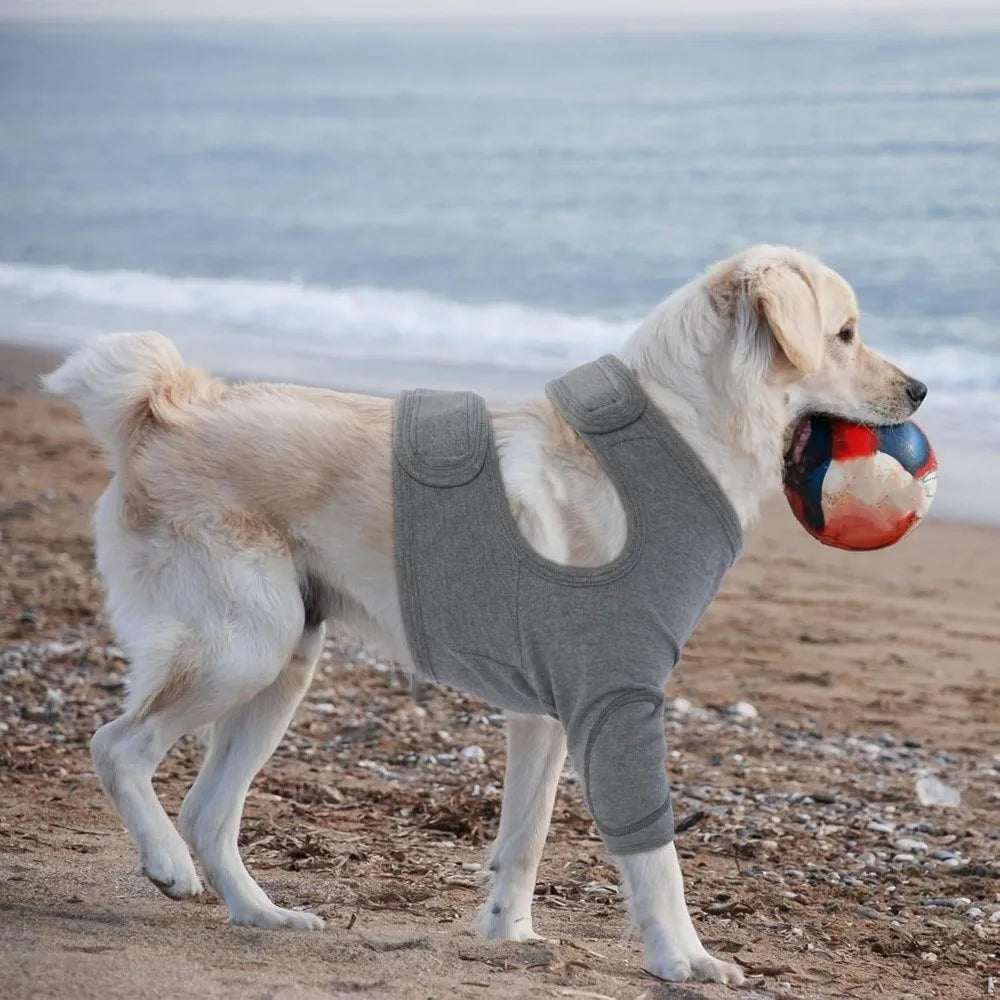 Dog Leg Sleeve in Grey Polyester, Single Stretch Fabric Pet Leg Cover with Six Size Options from S to 3XL and Chest, Neck and Sleeve Measurement Guide