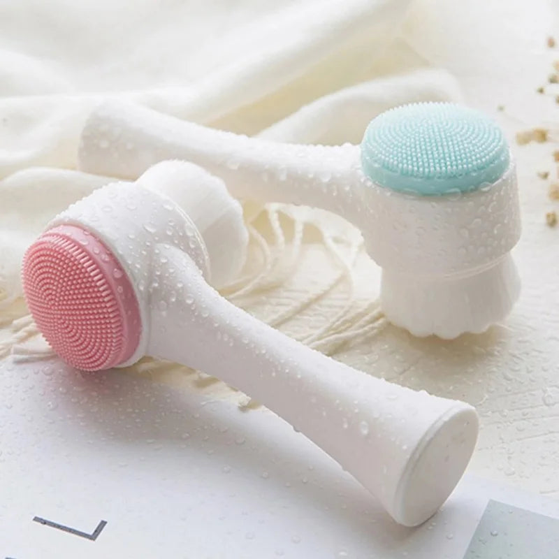 Facial Cleansing Brush, Double-Sided Manual Face Wash Tool with Handle, Silicone and Plastic Construction, Listed 13 x 6 cm Size in Pink or Blue