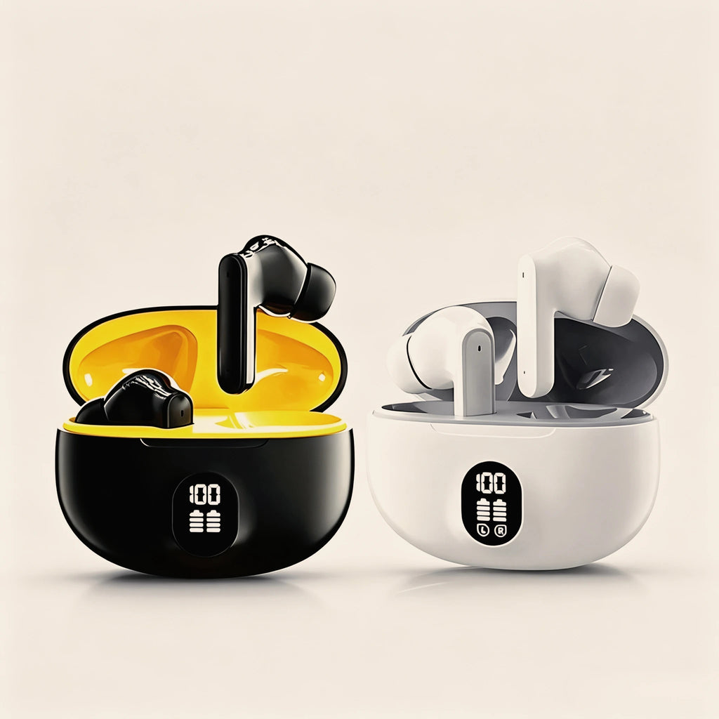 Mini Slim Bluetooth Earbuds with LED Battery Display Charging Case, TWS In-Ear Stereo Earphones with Microphone in Skin, Black or White for Music and Calls