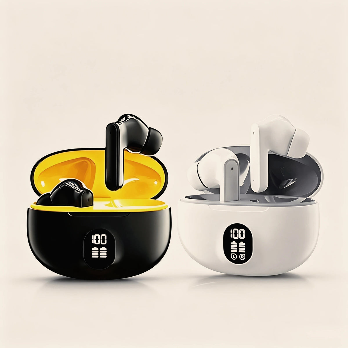 Mini Slim Bluetooth Earbuds with LED Battery Display Charging Case, TWS In-Ear Stereo Earphones with Microphone in Skin, Black or White for Music and Calls