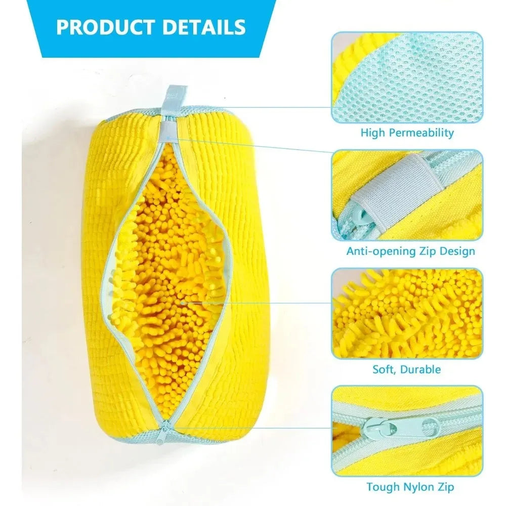 Padded Shoe Washing Bag in Polyester with Fluffy Fiber and Net Design, Single Laundry Accessory in 39X19 Gray or Yellow for Compatible Machine-Washable Footwear