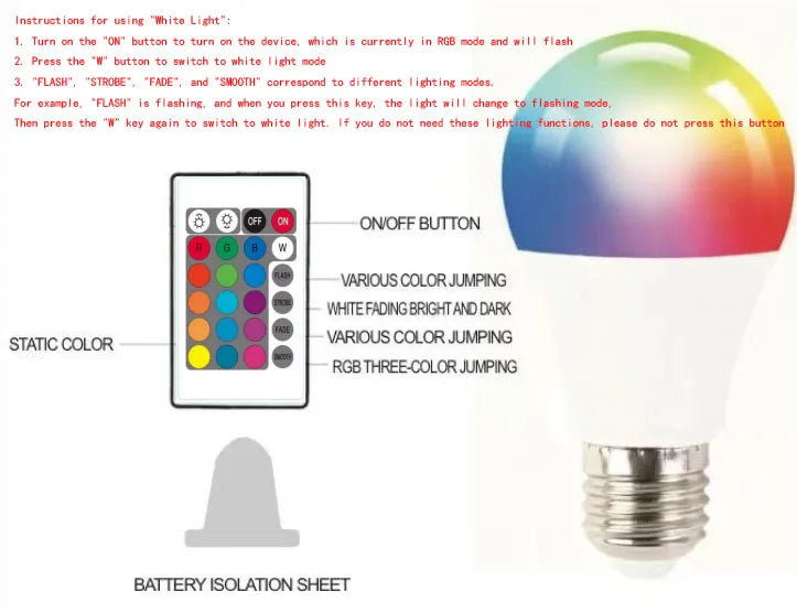 RGB LED Light Bulb E27 AC220V 8W, 16 Color Dimmable Mood Lighting with 24-Key Infrared Remote for Compatible Fixtures and Party Decor