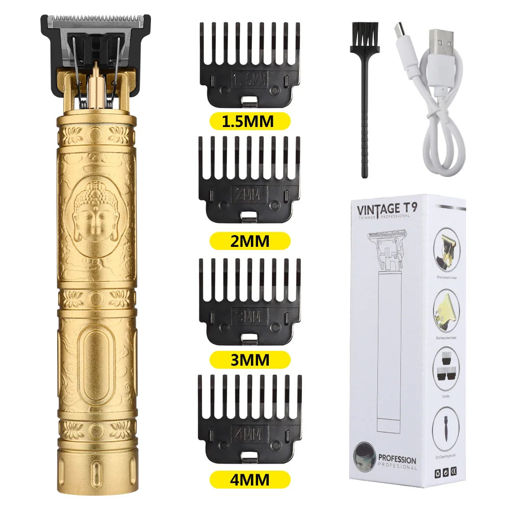 Retro T9 Hair Trimmer for Men's Everyday Haircutting and Personal Grooming, Electric Clipper Listing with Five Battery-Labeled Style Options for Home Use