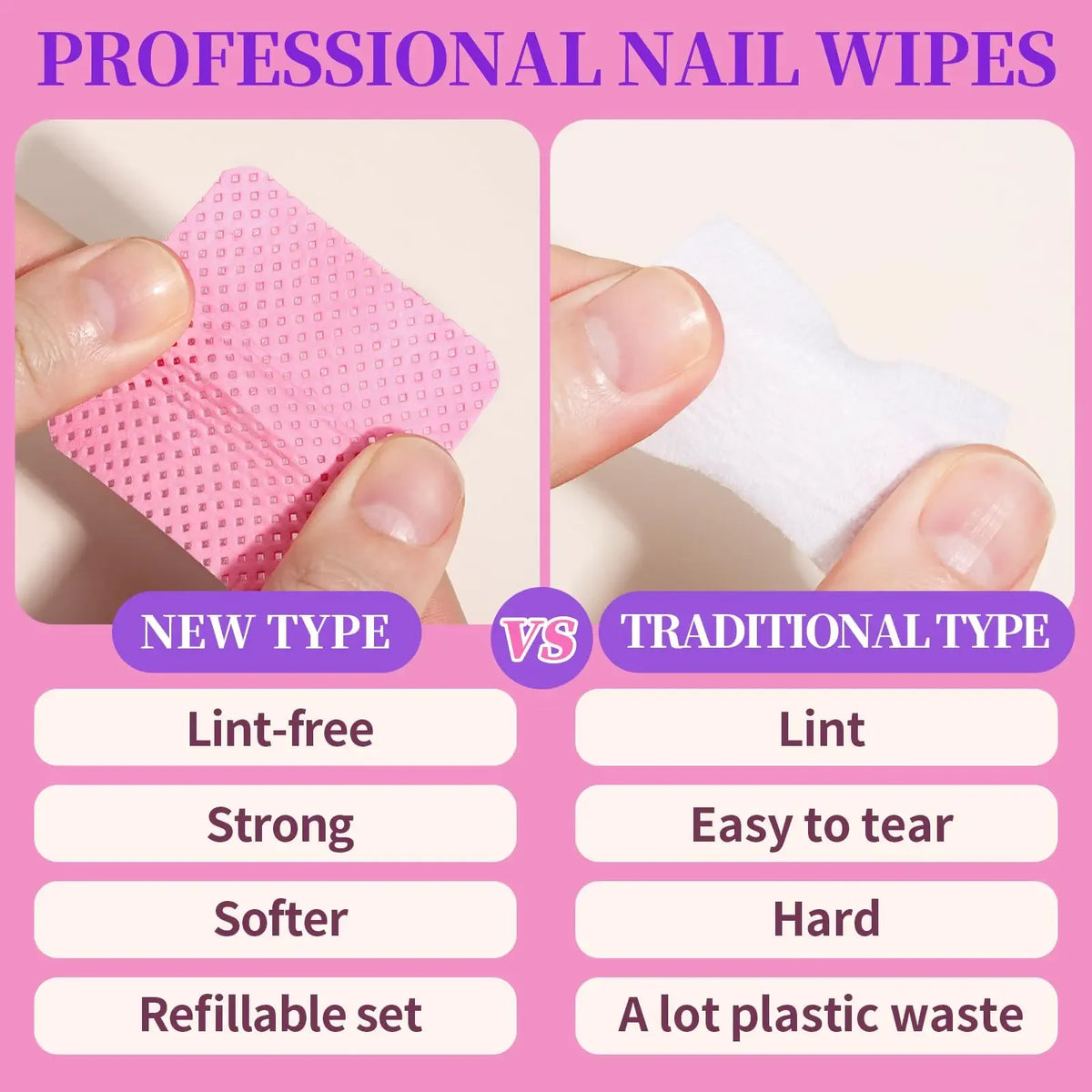Boxed Nail Cleansing Wipes with Approximately 200 Three-Layer Nonwoven Pads, Heart or Square Shapes in Pink or White for Home and Salon Manicure Prep