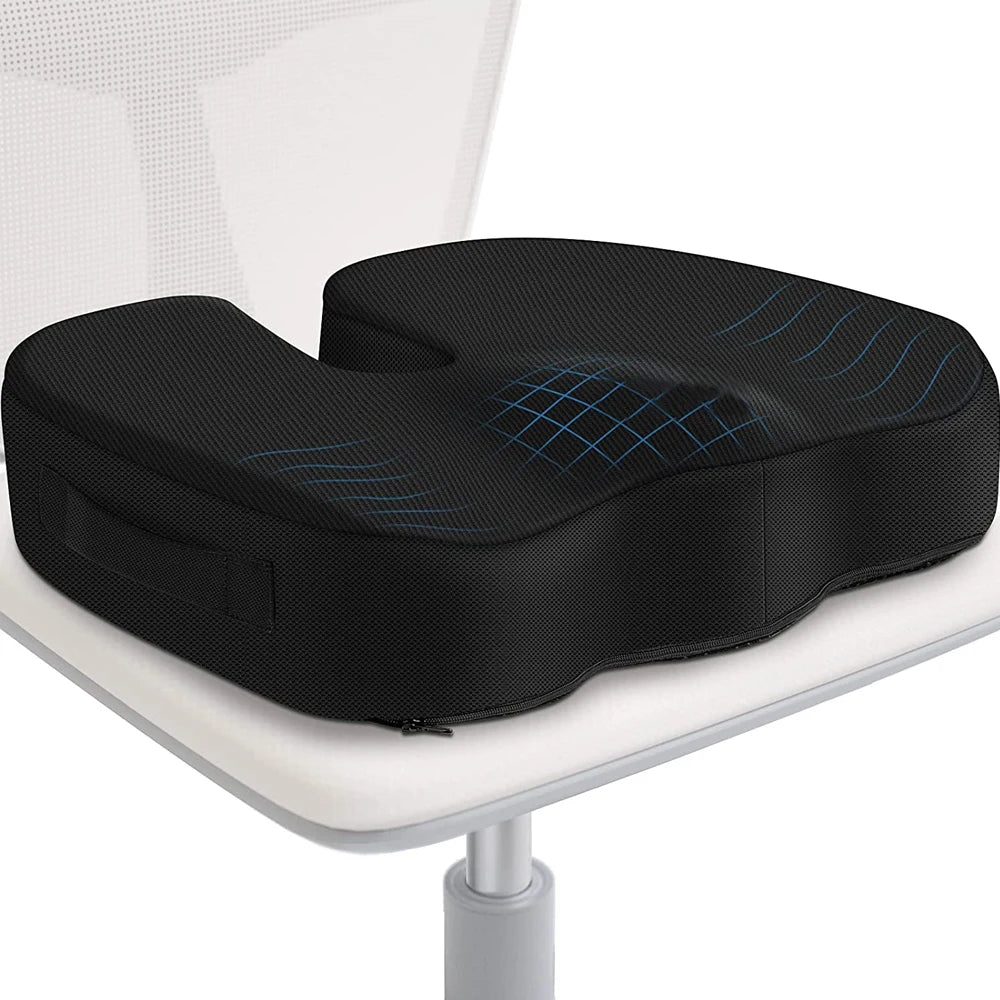Memory Foam Seat Cushion with U-Shaped Cutout, Removable Mesh or Velour Cover and Non-Slip Bottom, Listed 45 x 35 x 7cm Pad for Office and Home Chairs