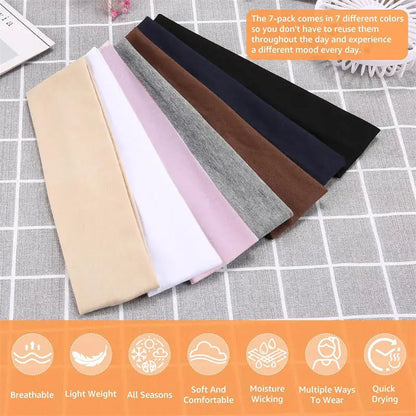 Elastic Sports Headbands for Women, Seven-Piece Stretchy Cloth Hairband Set in Black, Pink, Grey or Style Selections for Yoga, Running and Casual Hair Styling