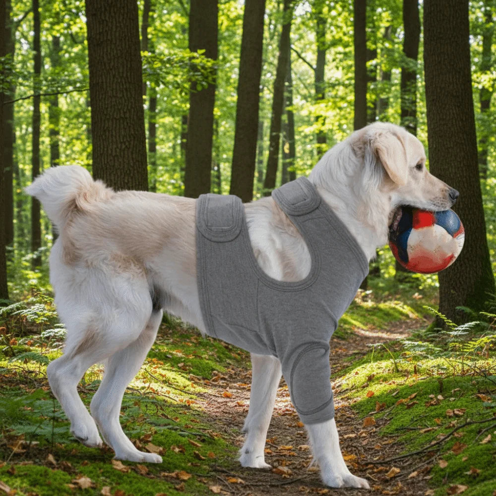 Dog Leg Sleeve in Grey Polyester, Single Stretch Fabric Pet Leg Cover with Six Size Options from S to 3XL and Chest, Neck and Sleeve Measurement Guide