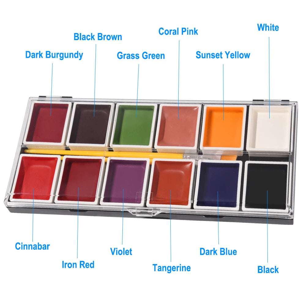 Alcohol Activated SFX Makeup Palette by OPHIR with Listed 12-Color Flesh-Tone Assortment, RT015A or RT015B Options for Halloween, Cosplay and Stage Looks
