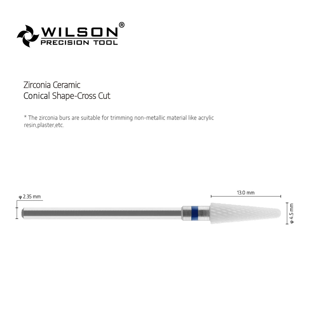 White Zirconia Burs with Conical Shape and Cross-Cut Design, Listed 4.5mm Size Reference and Eight Single-Piece Model Options for Rotary Tool Compatibility Review