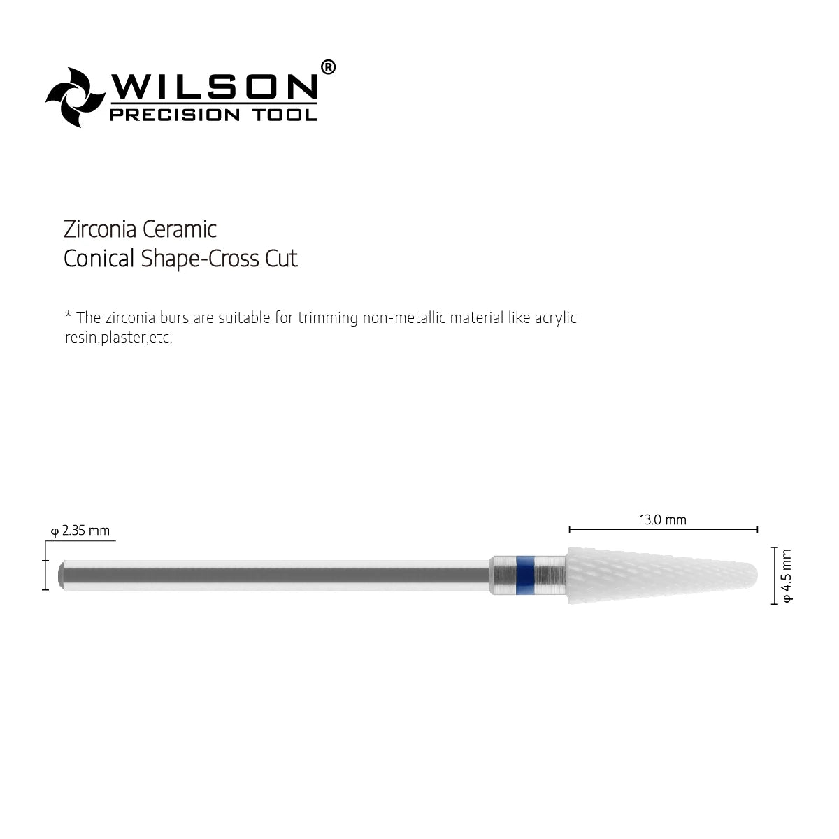 White Zirconia Burs with Conical Shape and Cross-Cut Design, Listed 4.5mm Size Reference and Eight Single-Piece Model Options for Rotary Tool Compatibility Review