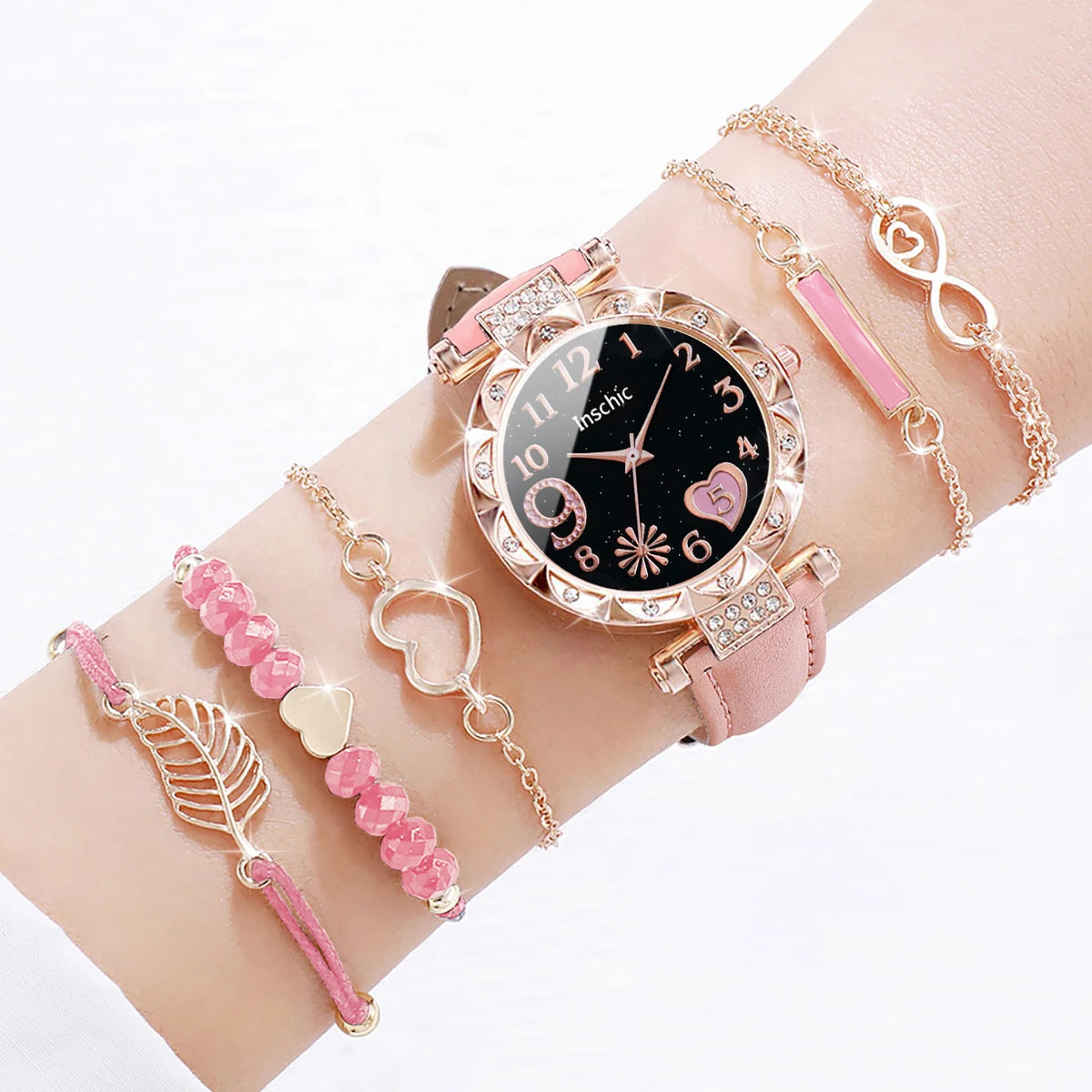 Women's Heart Dial Quartz Watch with Leaf Bracelet Set Reference, Eight No-Box Style Options and Listed 33mm Case for Casual Outfits and Fashion Gifts