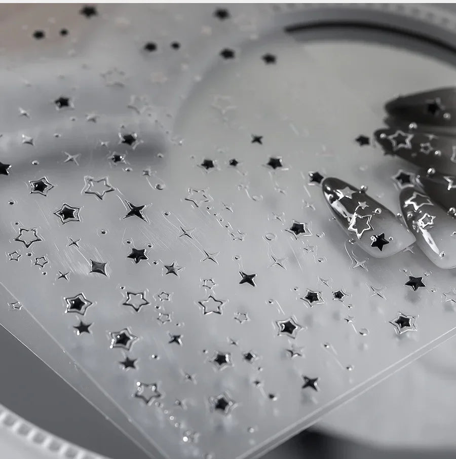 Star Nail Stickers with Five-Pointed Motifs, Black and Silver Color References and Hollow-Out Gilding-Style Details for Creative DIY Manicure Decoration