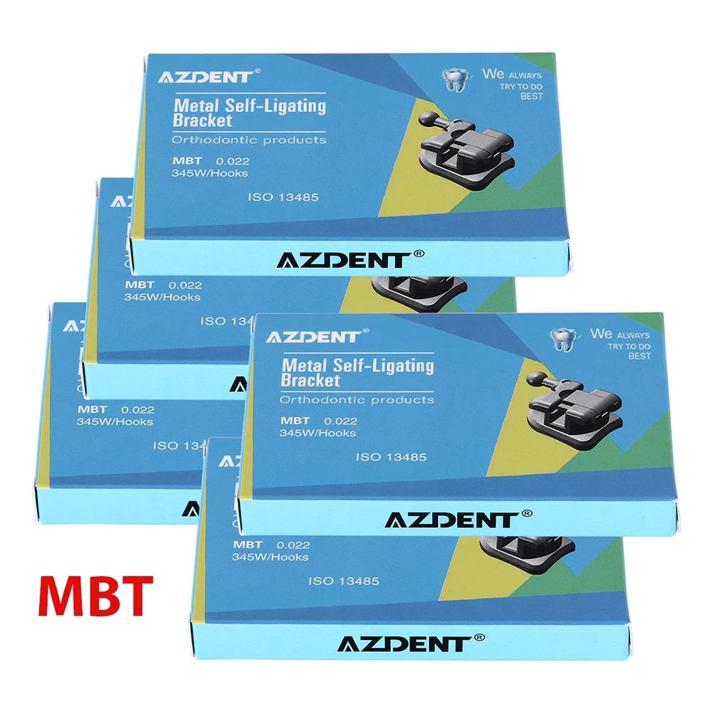 Passive Self-Ligating Brackets by AZDENT, Five Packs with First-Molar Buccal Tubes and Listed 0.022-Inch MBT or Roth Hooks 345 Options for Professional Orthodontic Selection
