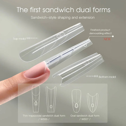 Sandwich Dual Nail Forms with Listed 120 Top and 120 Bottom Molds, 15 Size Reference and Coffin, Almond, Oval or Square Options for Gel Nail Extensions