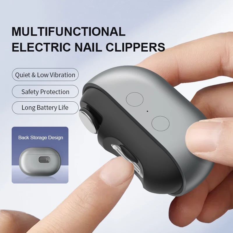 Mini Electric Nail Clipper with Rechargeable Type-C Charging, Automatic Sensing Light, Debris Compartment and Flat or Pointed Polishers for Home Nail Care