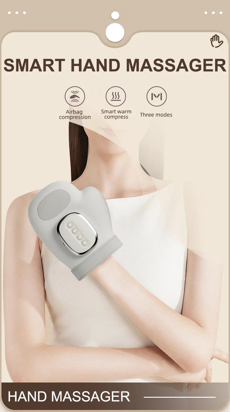 Air Compression Hand Massager with 13 TPU Airbags, Three Modes and Five Pressure Levels, Gray Wireless Heated Device for Adult Palm and Finger Relaxation