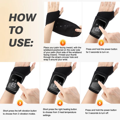 Heated Wrist Massager Wrap with Three or Five Heat Settings, Three Vibration Modes and Adjustable Strap, Type-C Rechargeable Models for Personal-Care Breaks