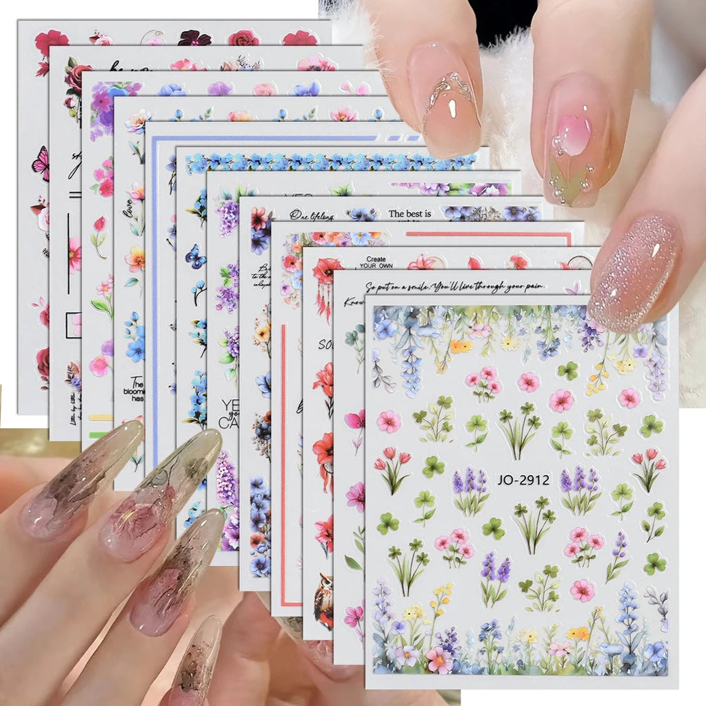 Flower Nail Stickers with Butterfly, Rose, Lavender and Clover Designs, Self-Adhesive 3D Nail Art Decals in 3 to 60 Sheet Options for DIY Manicures