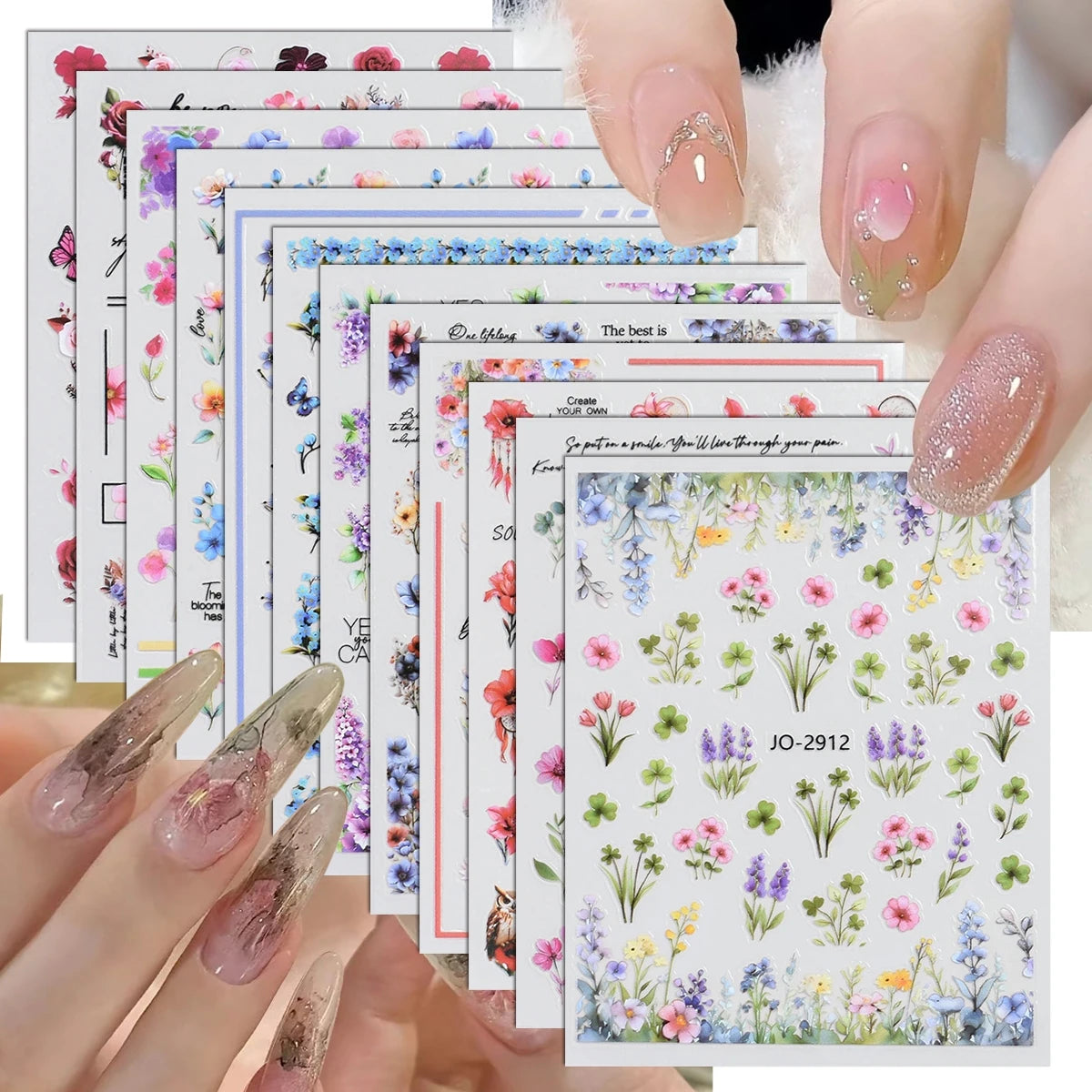Flower Nail Stickers with Butterfly, Rose, Lavender and Clover Designs, Self-Adhesive 3D Nail Art Decals in 3 to 60 Sheet Options for DIY Manicures
