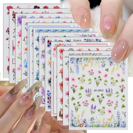 Flower Nail Stickers with Butterfly, Rose, Lavender and Clover Designs, Self-Adhesive 3D Nail Art Decals in 3 to 60 Sheet Options for DIY Manicures
