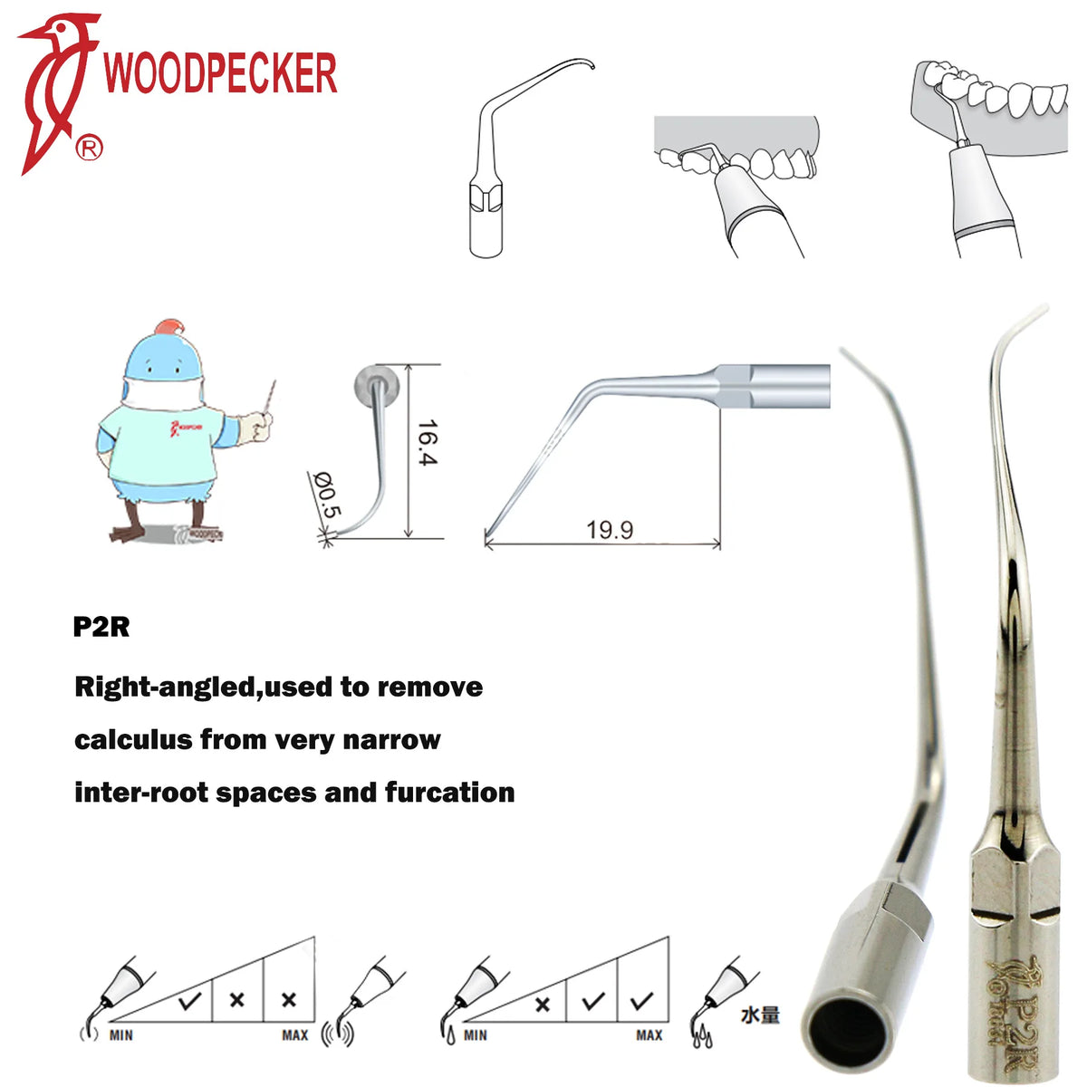 Ultrasonic Scaler Handpiece and Tip Options by Woodpecker, HW-5L LED Handpiece or P, E and G Series Tips for Compatible Dental Equipment