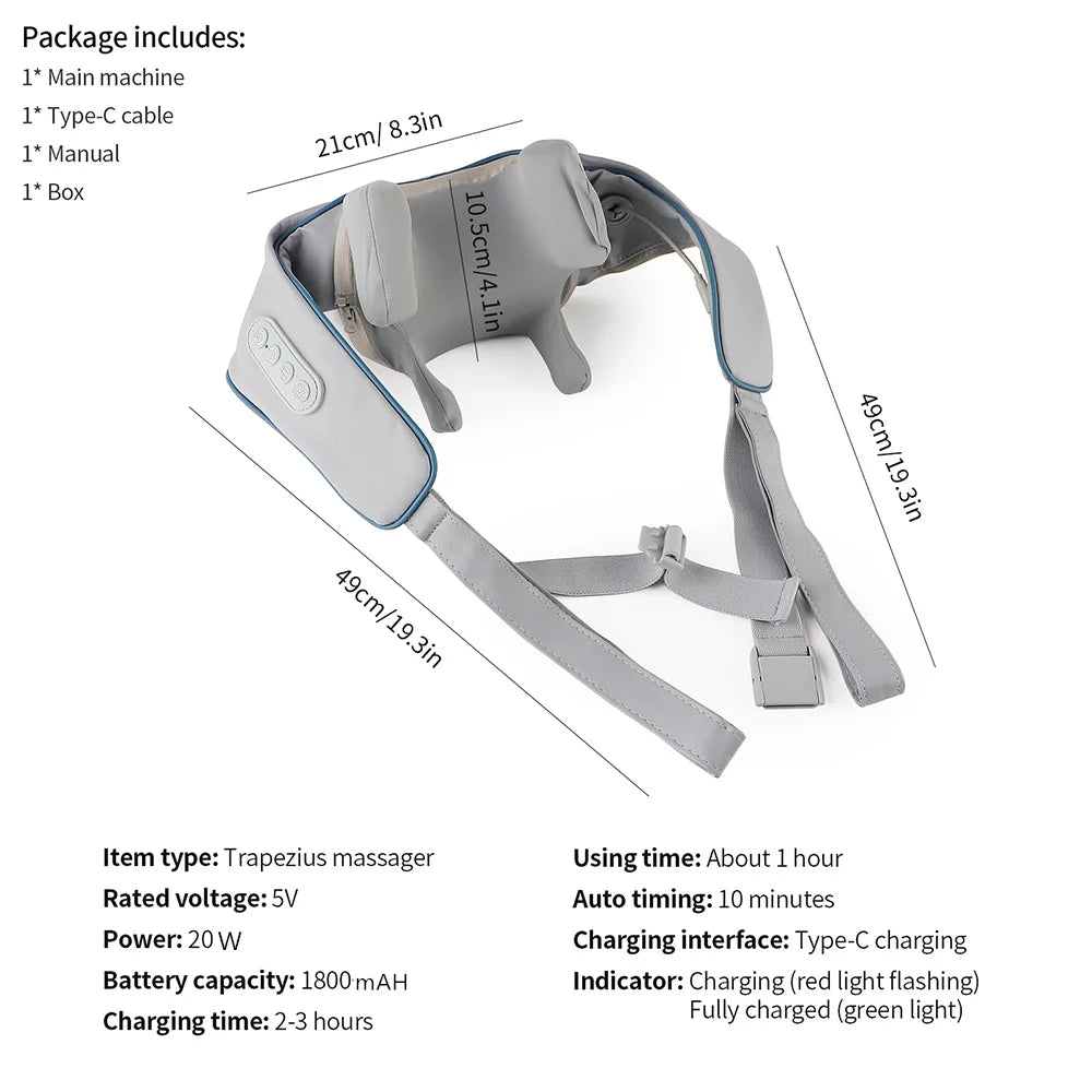 Rechargeable Neck and Shoulder Massage Shawl with Listed Two Modes, Adjustable Straps and Back Buckle, 20W or 26W Kneading Models in White, Grey and Brown Options
