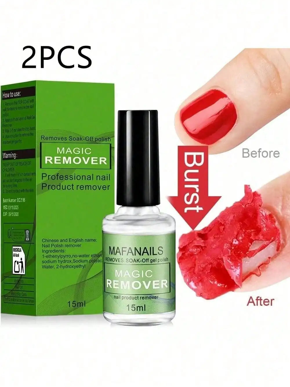 Magic Gel Nail Polish Remover with Listed 15ml Size, 2pc or 4pc Purchase Labels for UV Semi-Permanent Polish and Instruction-Guided Adult Manicure Removal