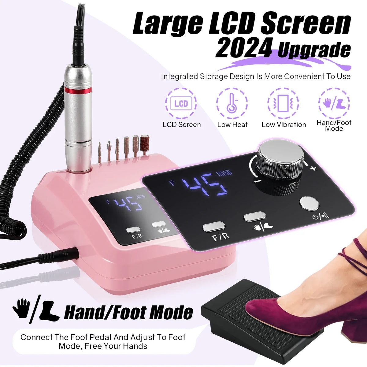 Foot-Pedal Nail Drill with Listed 45,000 RPM Adjustable Speed, Forward and Reverse Rotation, White, Black, Pink or Colorful Sets and US or EU Plug Options