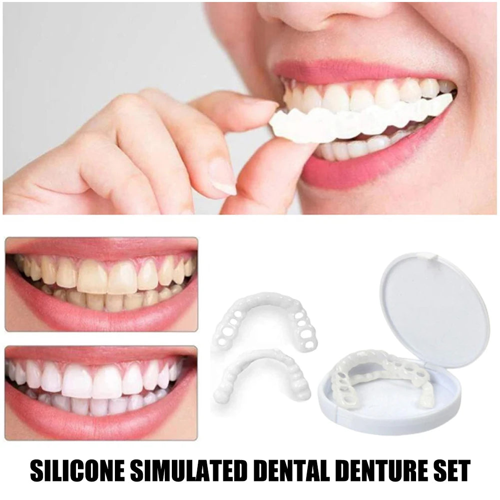 White Cosmetic Teeth Cover, Temporary False-Teeth Appearance and Denture-Style Listing with Material, Fit and Retention Requiring Professional Dental Review