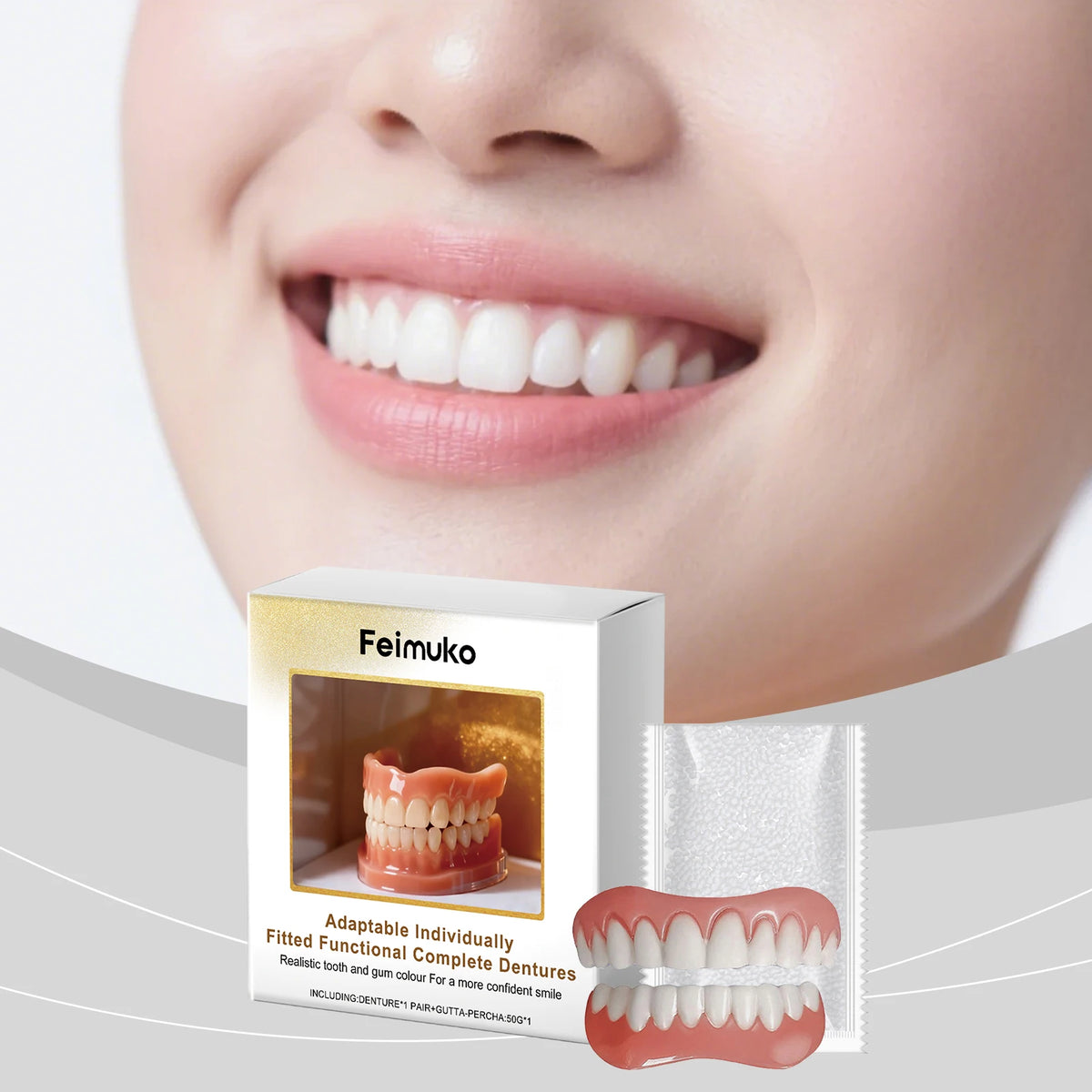 Cosmetic Denture-Style Teeth Cover Kit with Single-Piece and Multi-Item Purchase Labels, Material and Fit Details Requiring Professional Dental Review Before Use
