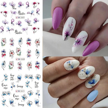 Water Transfer Nail Decals, BN2605-2616 Nail Art Slider Stickers for DIY Manicure Decoration, At-Home Styling and Seasonal Nail Design Ideas