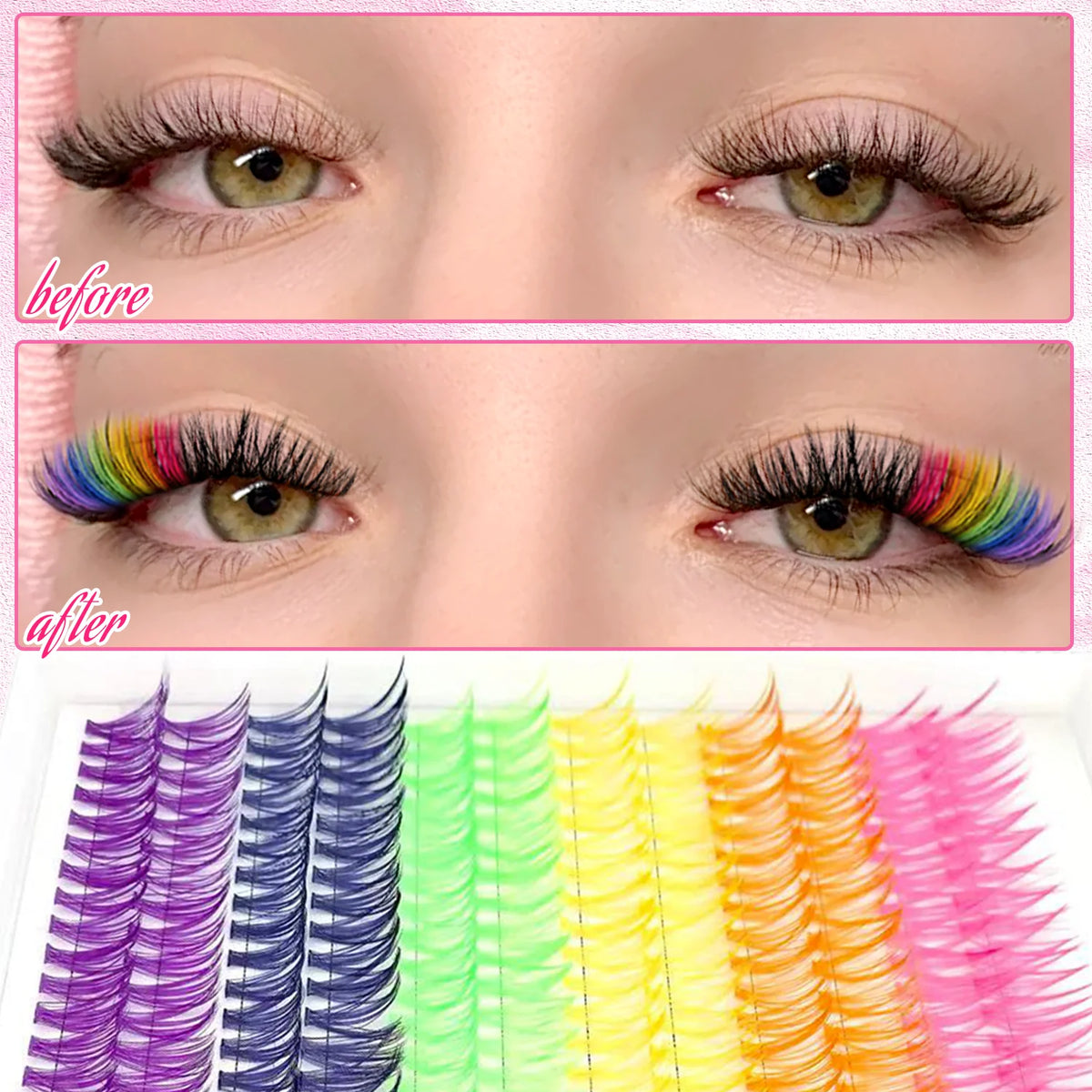 Color Mixed Lash Clusters, 12 and 30 Row Options with 345D and Wide Stem Styles for DIY False Eyelash Looks, Creative Eye Makeup and Occasions