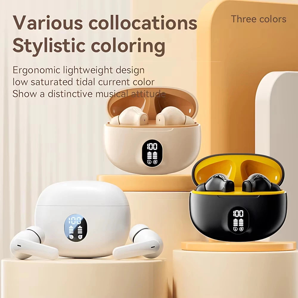 Mini Slim Bluetooth Earbuds with LED Battery Display Charging Case, TWS In-Ear Stereo Earphones with Microphone in Skin, Black or White for Music and Calls