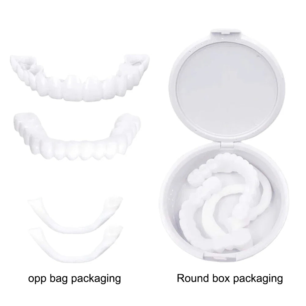 White Cosmetic Teeth Cover, Temporary False-Teeth Appearance and Denture-Style Listing with Material, Fit and Retention Requiring Professional Dental Review