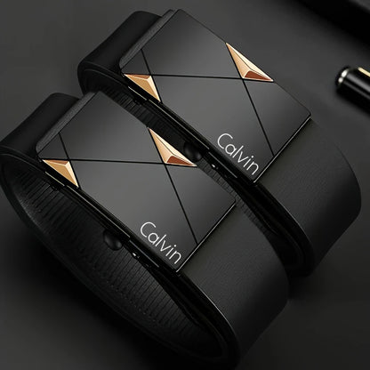 Men's PU Leather Belt with Automatic Buckle, 110cm, 120cm or 130cm Fashion Accessory in CWY Gold, Gun or Silver Styles for Work, Business and Casual Outfits