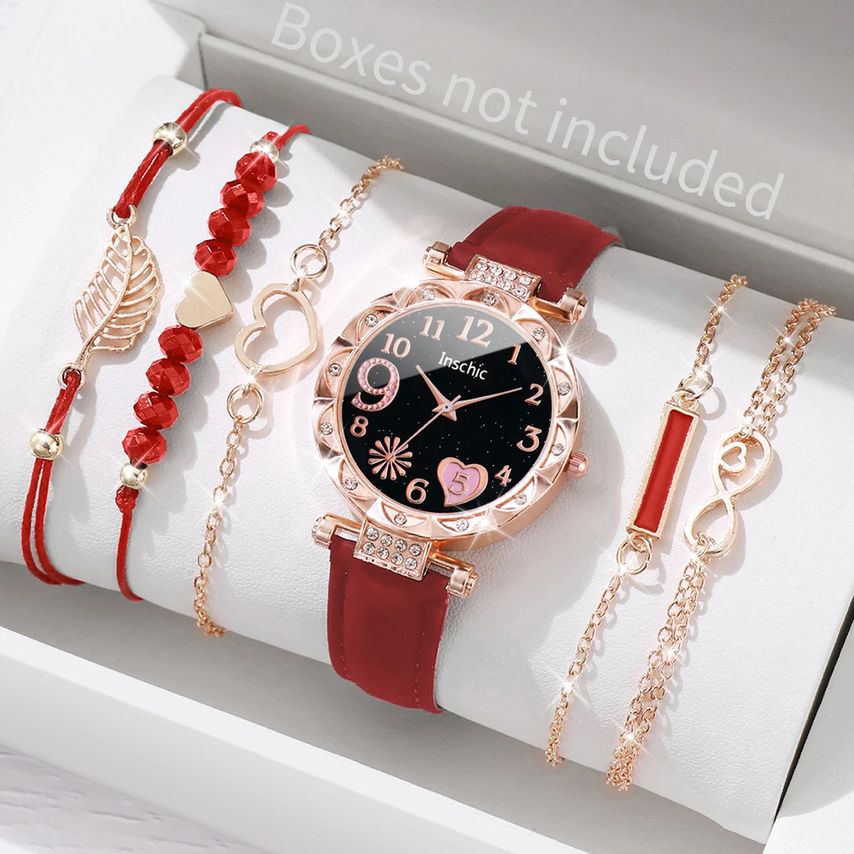 Women's Heart Dial Quartz Watch with Leaf Bracelet Set Reference, Eight No-Box Style Options and Listed 33mm Case for Casual Outfits and Fashion Gifts