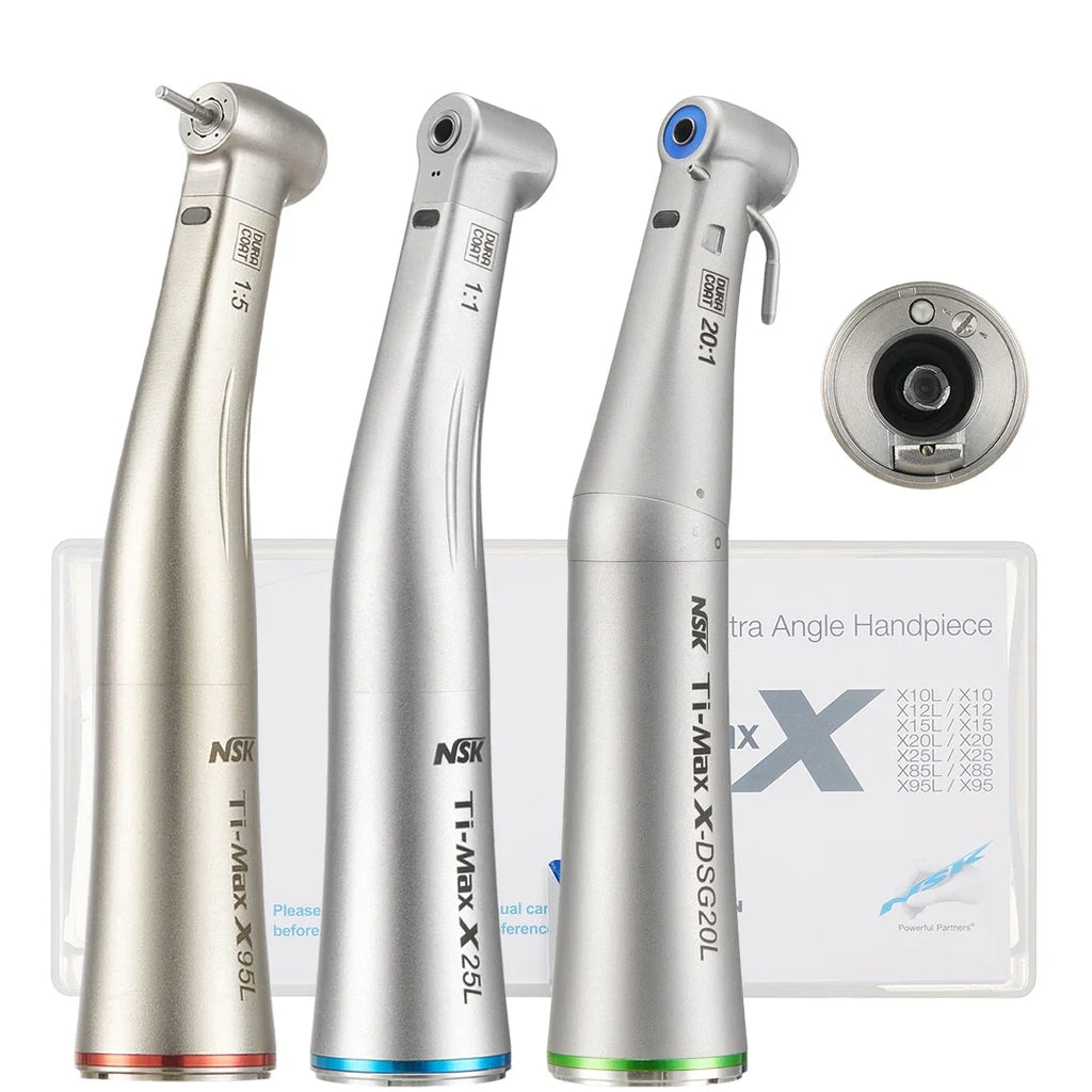 Speed-Increasing Dental Contra Angle Handpiece Options with X95L 1:5 Drive Reference, Fiber and Non-Fiber Labels plus X25, Z and SG Model Selections