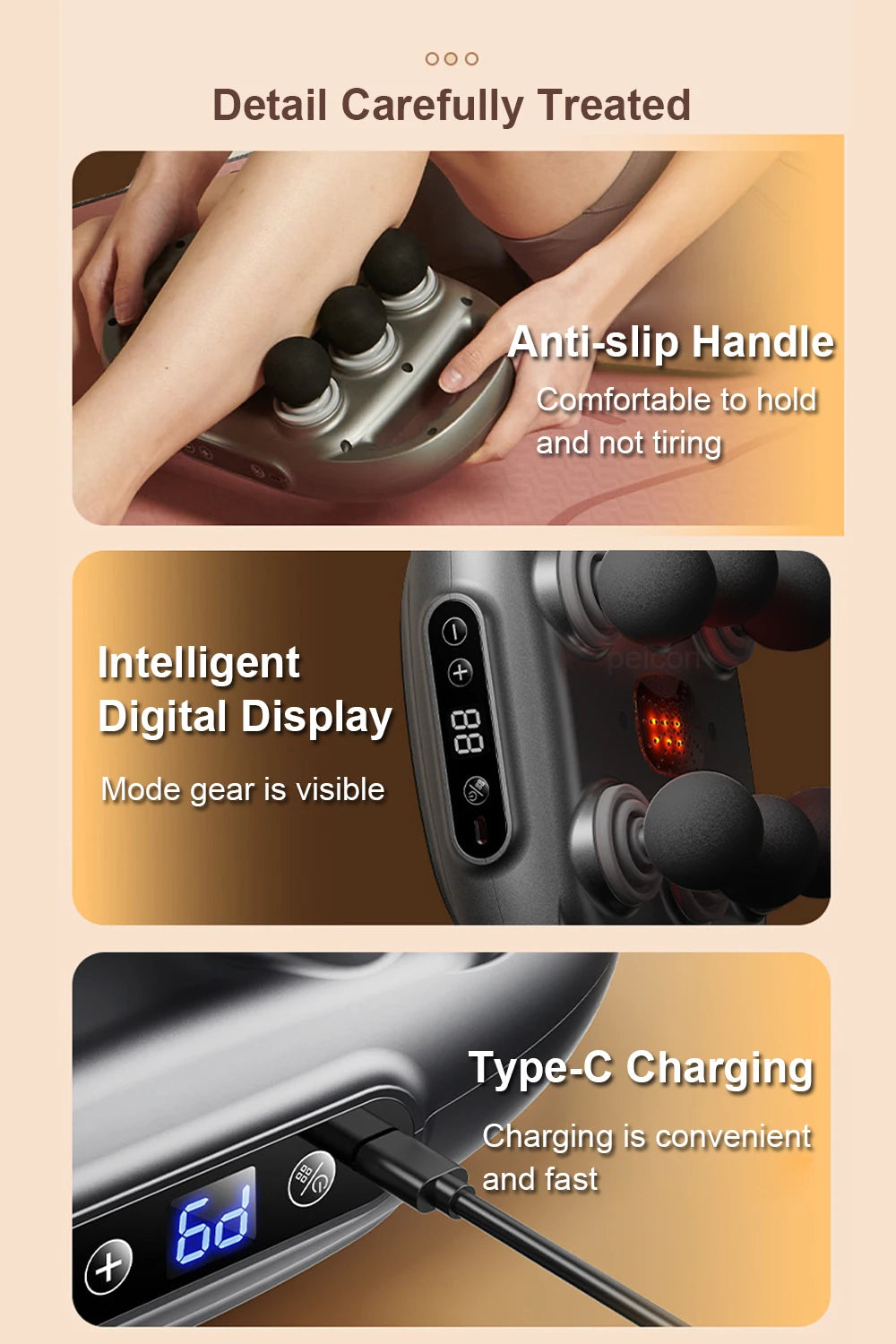 Six-Head Touchscreen Massage Gun with Integrated Contact Design, Nine Intensity Levels, Nine Massage Modes and Listed 10-Minute Auto-Off, White or Black