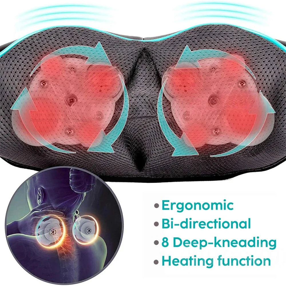 U-Shape Neck and Shoulder Massager with Heat and Reversible Shiatsu-Style Kneading, Four-Button Black or Black Gray Styles with US or EU Plug Options for Adult Relaxation