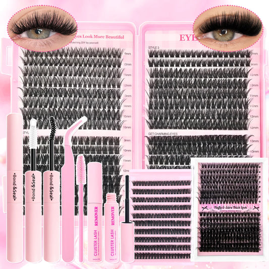 DIY Lash Cluster Extension Kit with Listed 9–16mm Lengths and 60D, 80D or 100D References, Three Style Codes for Adult Makeup with Bond and Applicator References