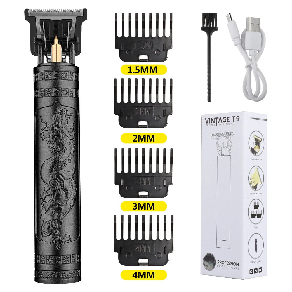 Retro T9 Hair Trimmer for Men's Everyday Haircutting and Personal Grooming, Electric Clipper Listing with Five Battery-Labeled Style Options for Home Use